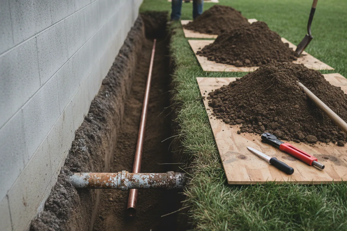 Excavated water line trench during Water Softener Installation in Rea